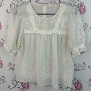 Rebellion T-shirt floral embroidered mesh flowers button up Ivory Floral Blouse